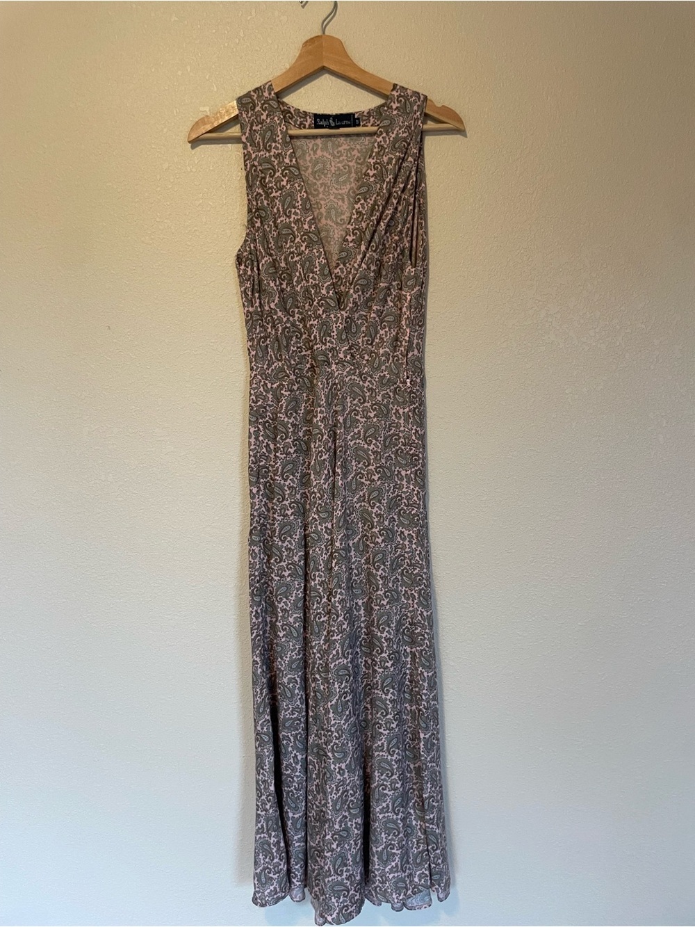 Ralph Lauren Sleeveless V-Neck Floral Maxi Dress in Taupe and Pink